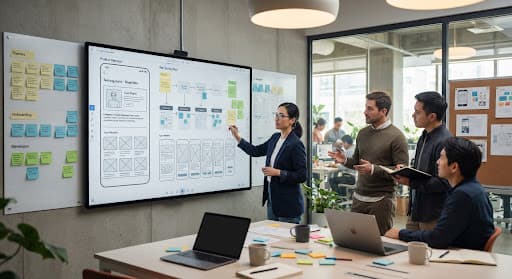 Sesi strategi produk dengan peta perjalanan pengguna dan wireframe