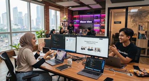 Tim studio teknologi bekerja bersama di ruang kolaborasi